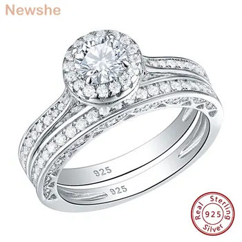 Newshe, скуп обручальных прстенова од 2 предмета за жене, Сребро 925 узорка, 1,88 карата, сјајан округли бели AAAAA Цз, Величина 4-13
