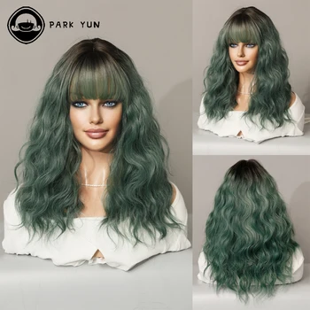 Зелена перику са челкой, таласаста коса средње дужине за жене, синтетички перику, фестивал, журка, цосплаи, свакодневно коришћење, женске лажне косе, отпоран на високе температуре