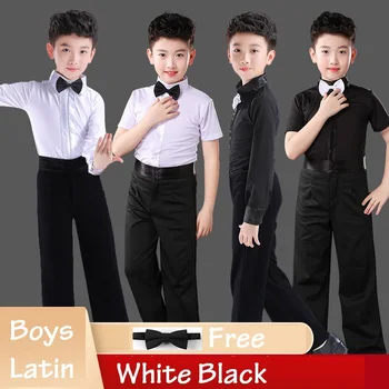 Комплета одеће за латиноамеричких плесова за дечаке, кошуље + панталоне, беба бела црна одећа за плес румбас самбе, одело за латино плесовима, Одећа за такмичења