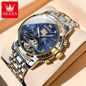 Механички сат OLEVS, аутоматски сатови, менс водоотпоран сат са траке, од нерђајућег челика, златни сат са скелета, мушки ручни сат