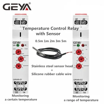 Релеји за Контролу Температуре на Дин-шине GEYA GRW8-01/02 16А АЦ/DC24-240В са Водоотпорним Сензора НТЦ Грејања и Хлађења