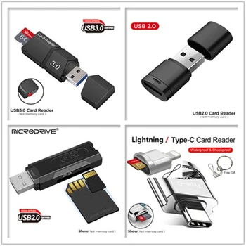Читач картица УСБ Фласх Reader USB 2.0 / 3.0 / Type C / Лигхтнинг / 2 у 1 Микро Мини СД Цард Реадер за СД картице / Микро ТФ-картица