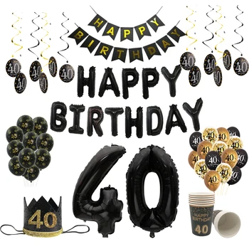 40 година, Банер са ваздухом лопту од црног злата, Посуђе, прибор за рођендан, 40-годишњи мушкарац, Жена, Срећан рођендан, Годишњица декор