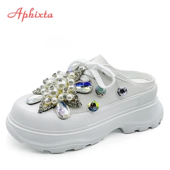 Aphixta Луксузни флип-флопова на платформи са бисерима, Даймондами и бојама, са штрас, женске флип флопови са кристалима, женске ципеле, флип-флопова од перли на танкетке