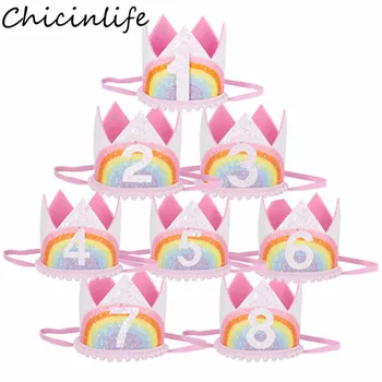 Chicinlife 1 ком., од 1 до 8 година, раинбов круна на дан рођења, завој на глави, капа за журке у част 1-ог рођендана, прибор за косу за девојчице