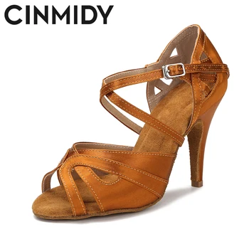 CINMIDY/ женска данце ципеле од браон свиле и сатинс за латино плесовима, ципеле за баллроом данце танго, Салса, женске црвене венчање ципеле на меком пете