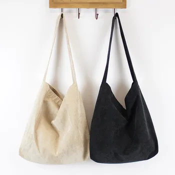 Женска вельветовая торба преко рамена, холщовая ткива торба, црно свакодневни торба-тоут, женске Еко-торбе за куповину, Торба за књиге за студенте