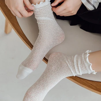 Женске модне чарапе, нове пролеће и лето дуге беле памучне чарапе са чипком у стилу ретро за девојчице, жене свакодневне слатке памук дише чарапе за девојчице