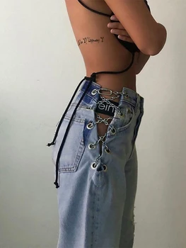 Женске фармерке са преслушавање ланац СЕЗОНЕ, отворене широке фармерке са високим струка, секси Елегантне женске фармерке европске моде ASPA80826