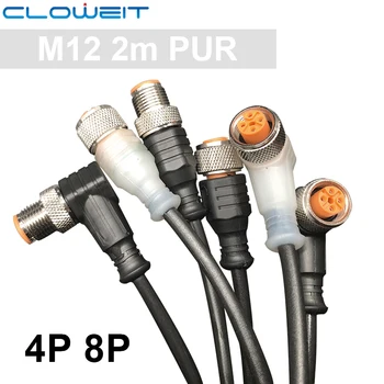М12 4 8 контаката ПУР ЛЕД Ватерпрооф кабловски прикључак сензор 2 м Cloweit