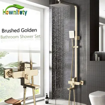 Мат злата са златним тушевима, савремени комбиновани сет млазница за туширање са кише прилог, топла и хладна, зидни миксер европског типа