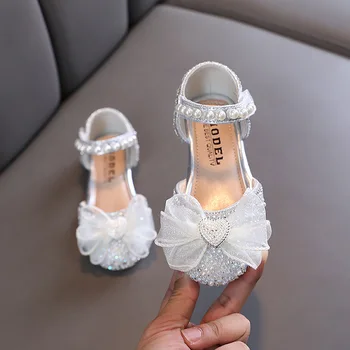 Нове дечије сандале са штрас и луком, сандале венчање принцеза за девојке, данце баби студентске ципеле, равне ципеле, дечија обућа за наступе H251