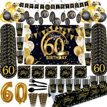 Прибор за журке у част 60-годишњице 60. рођендан Срећан Рођендан, банер са гелиевым лоптом, Столњак, Накит за јубилеја одрасле